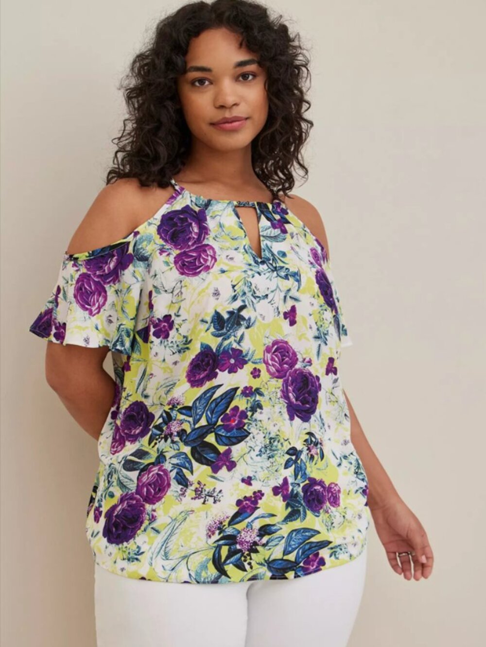 Torrid Floral Cold Shoulder Blouse Size 3 Yellow Purple Chain Neck Georgette